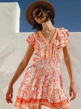 Poupette St. Barth Camila Smocked Mini Dress in Orange 70s Garden Size Small